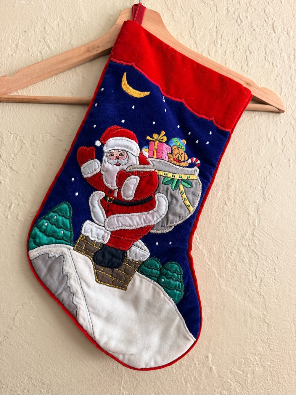 Vintage Red and Navy Santa Stocking with Embroidered Gifts